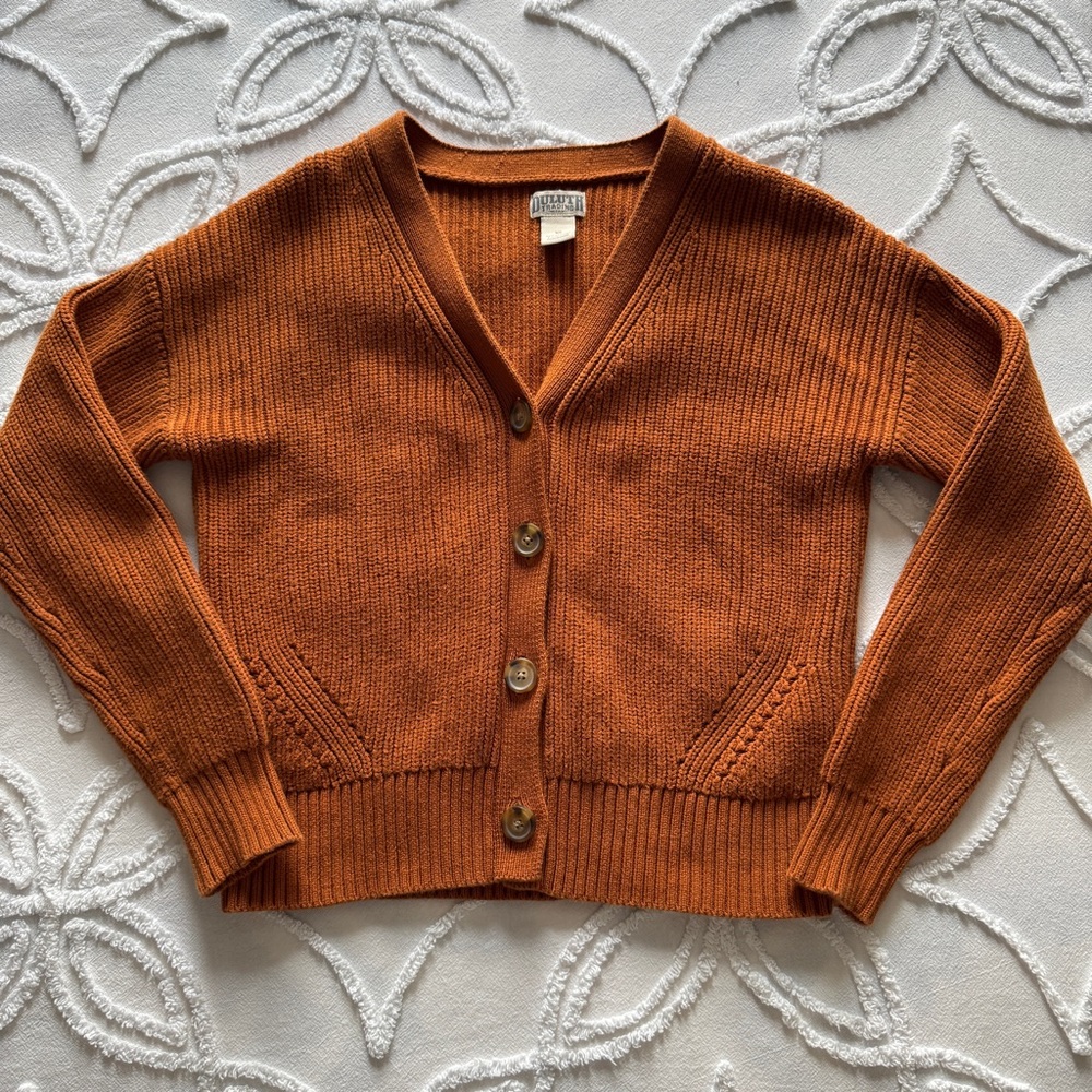 Duluth Trading Shaker Stitch Cardigan Size XS Burn Orange Cotton V Neck